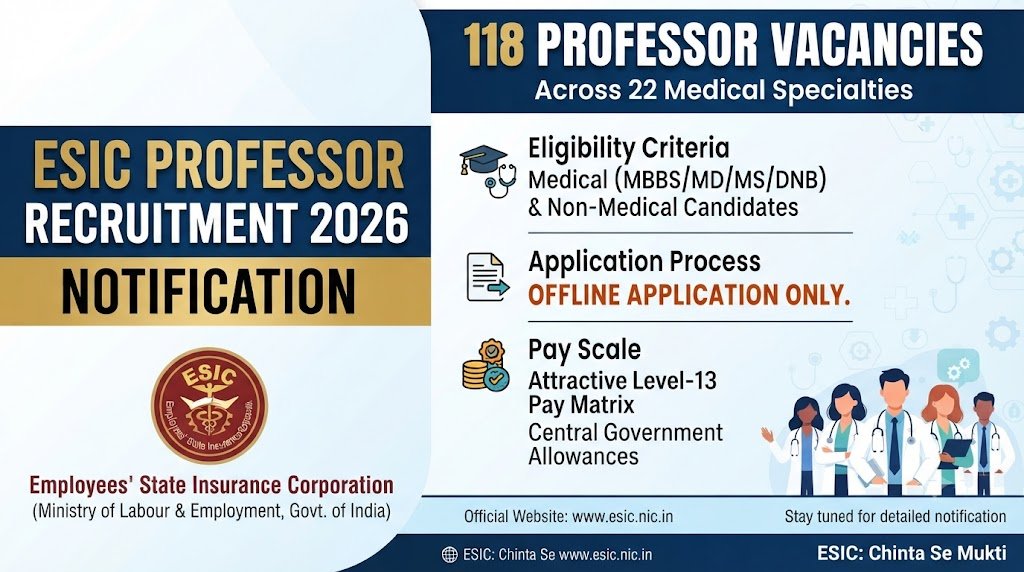 ESIC Professor Recruitment 2026 notification for 118 Professor vacancies