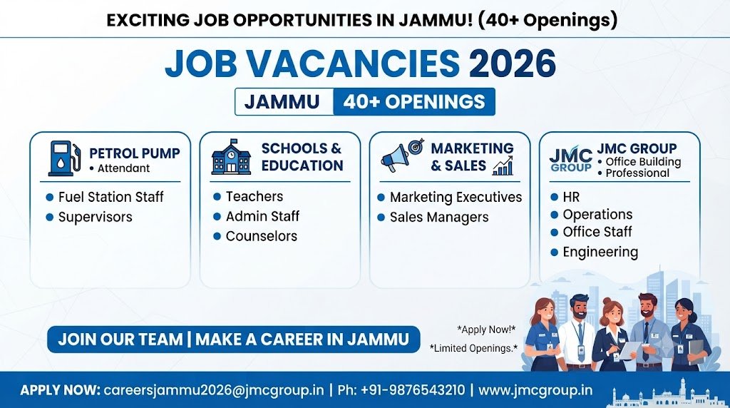 Jammu Job Vacancies 2026 latest private jobs in Jammu for teachers, marketing, petrol pump and JMC Group