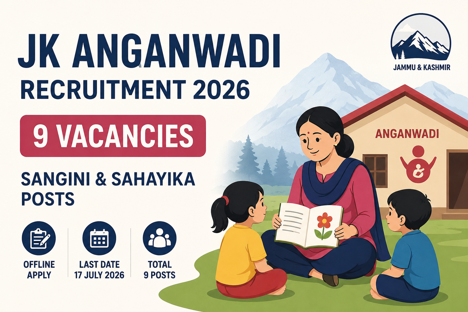 "JK Anganwadi Recruitment 2026 poster showing 9 Sangini and Sahayika vacancies with Anganwadi worker illustration"