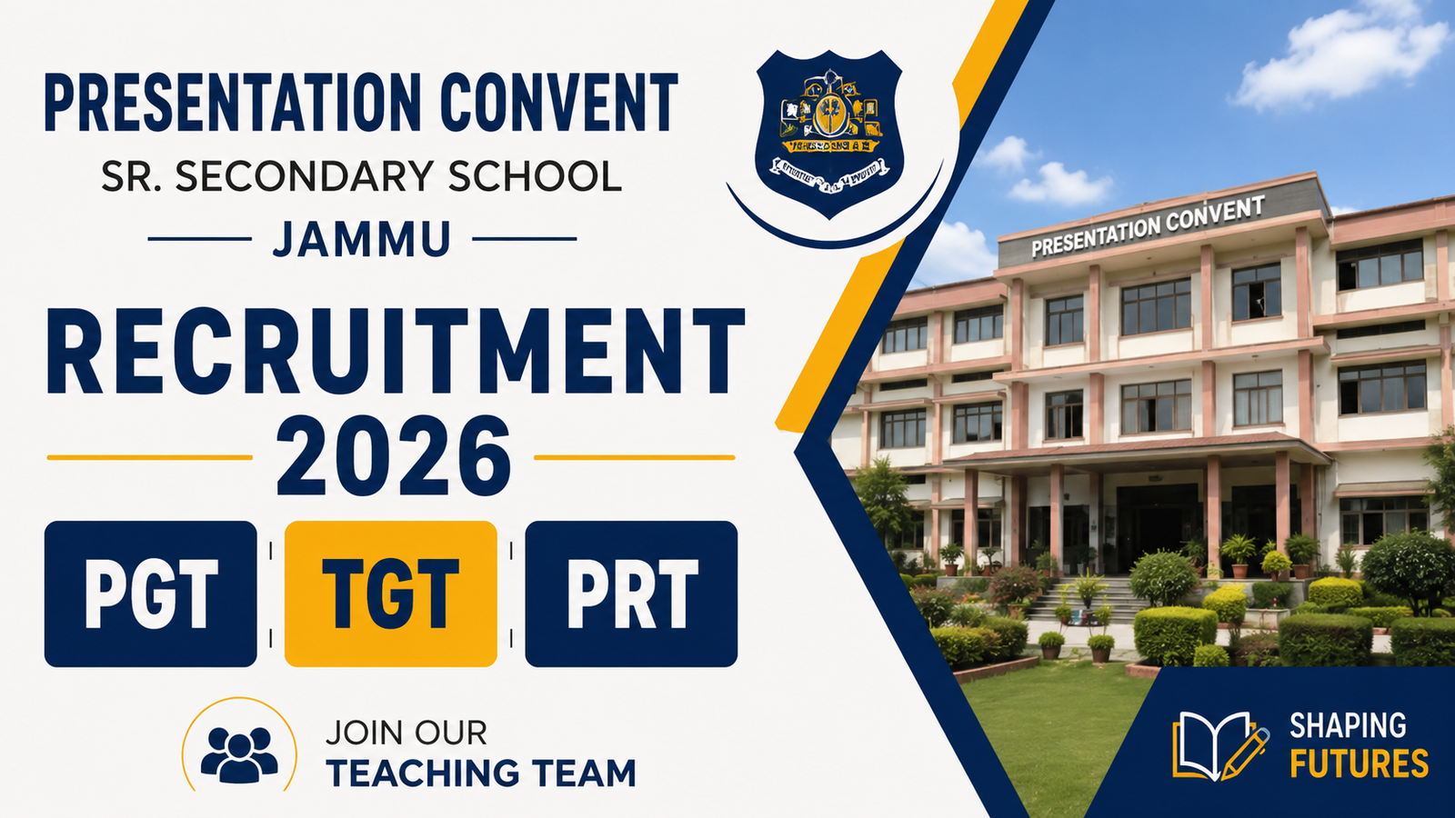 Presentation Convent Sr. Secondary School Jammu Recruitment 2026 for PGT TGT PRT Teacher Vacancies