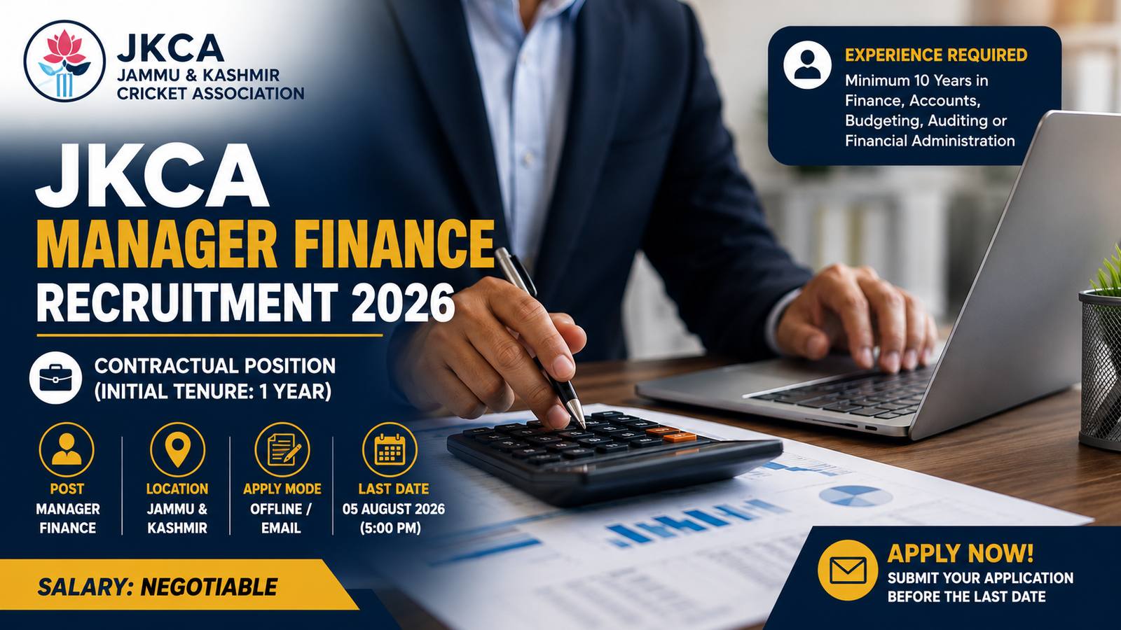 JKCA Manager Finance Recruitment 2026 notification for contractual Finance Manager post in Jammu & Kashmir