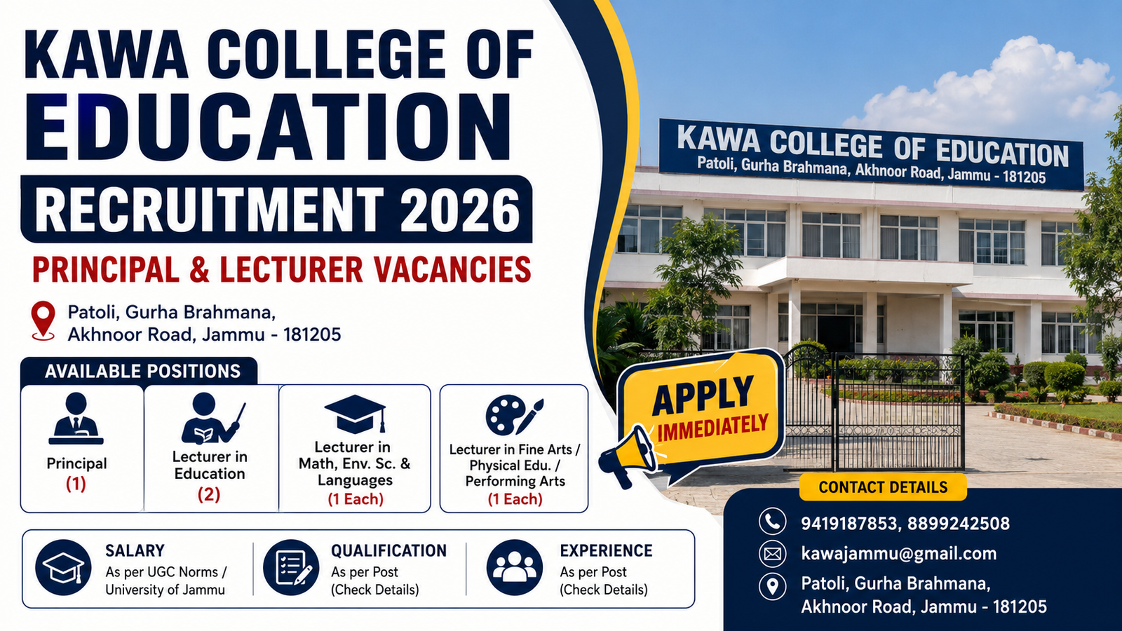 Kawa College of Education Recruitment 2026 Principal and Lecturer vacancies in Jammu