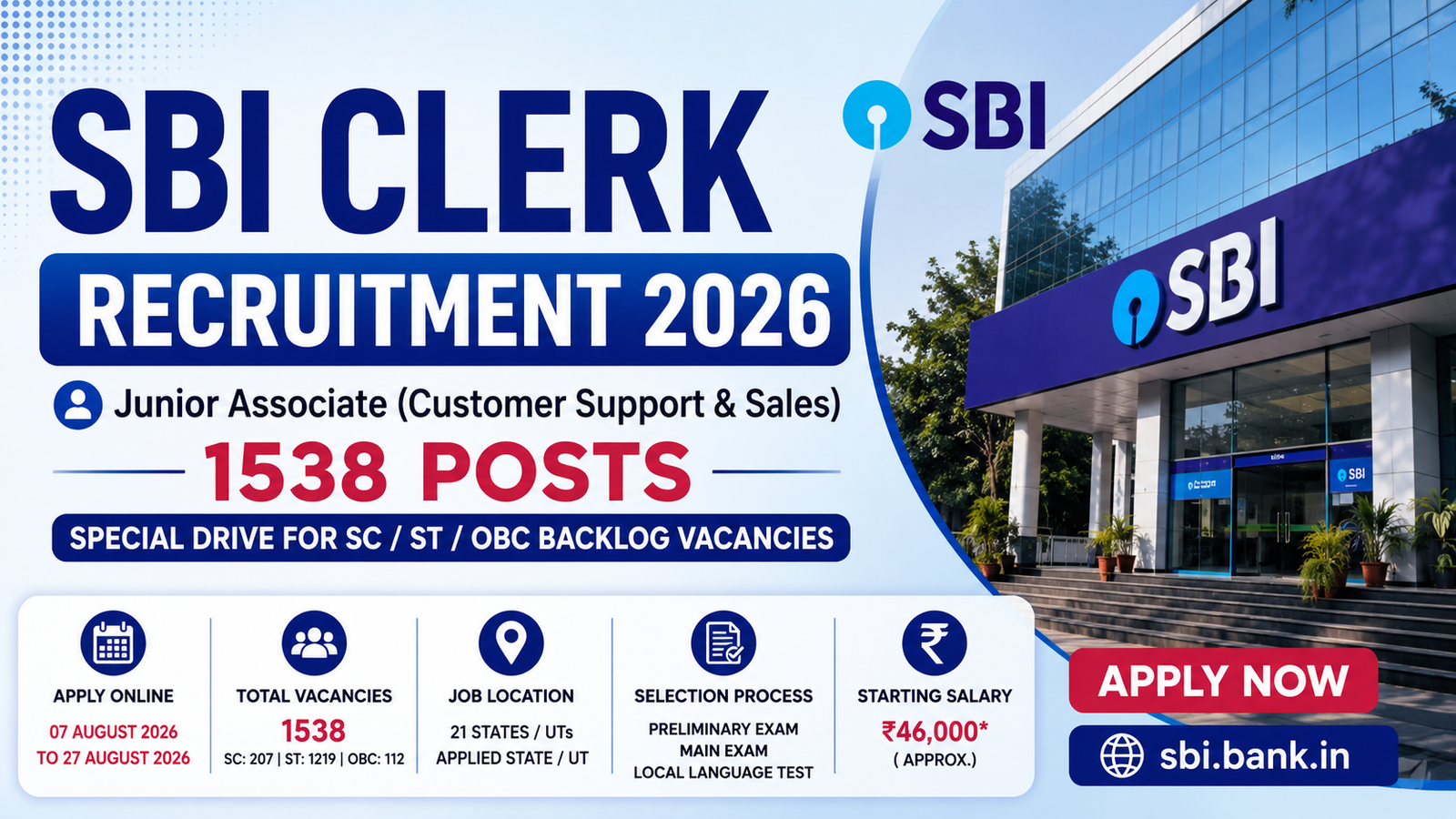 SBI Clerk Recruitment 2026 for 1538 Junior Associate Posts