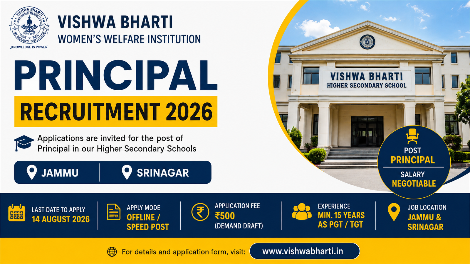 Vishwa Bharti Principal Recruitment 2026 notification for Principal vacancies in Jammu and Srinagar Higher Secondary Schools